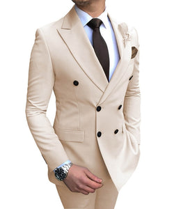 2019 New Beige Men's Suit 2 Pieces Double-breasted Notch Lapel Flat Slim Fit Casual Tuxedos For Wedding(Blazer+Pants)