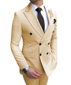 2019 New Beige Men's Suit 2 Pieces Double-breasted Notch Lapel Flat Slim Fit Casual Tuxedos For Wedding(Blazer+Pants)