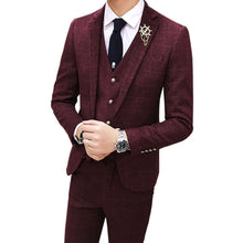 Load image into Gallery viewer, 3 Pieces Plaid Suit Male Slim Fit Gentleman  Wedding Suits for Men Formal Business Suit Tuxedo Grey Wine Red Green British style