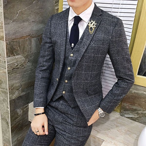 3 Pieces Plaid Suit Male Slim Fit Gentleman  Wedding Suits for Men Formal Business Suit Tuxedo Grey Wine Red Green British style