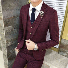 Load image into Gallery viewer, 3 Pieces Plaid Suit Male Slim Fit Gentleman  Wedding Suits for Men Formal Business Suit Tuxedo Grey Wine Red Green British style