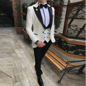 Men Suits 3 Pieces Slim Fit Business Suits Groom Champagne Noble Grey White Tuxedos for Formal Wedding suit (Blazer+Pants+Vest)