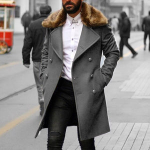 Men Wool Coat Winter Faux Fur Collar Warm Long Coats Men's Overcoat Trench Overcoat Fashion Vintage Army Green Long Jacket Man