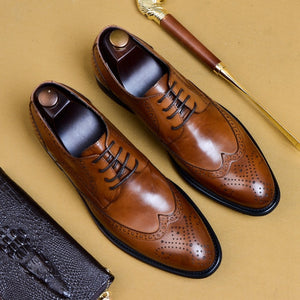 British Designer Genuine Leather Formal Dress Wingtip Brogues Shoes Pointed Toe Derby Men's Wedding Party Oxfords For Male AS124