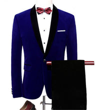 Load image into Gallery viewer, 2019 New Elegant Red/Royal Blue/Black Velvet Groom Tuxedo Jacket Black Lapel Mens Blazer Slim Fit Suit Men Wedding Suits Sets