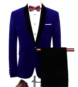 2019 New Elegant Red/Royal Blue/Black Velvet Groom Tuxedo Jacket Black Lapel Mens Blazer Slim Fit Suit Men Wedding Suits Sets