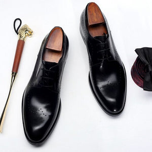 New Summer Man Formal Dress Shoes Genuine Leather Laces Derby Wedding Oxfords Pointed Toe Men's Breathable Office Flats DX129