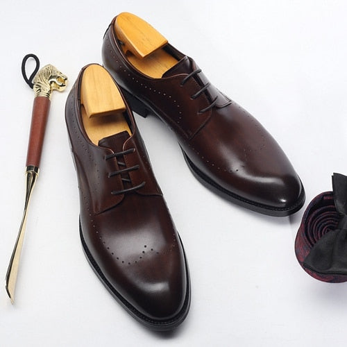 New Summer Man Formal Dress Shoes Genuine Leather Laces Derby Wedding Oxfords Pointed Toe Men's Breathable Office Flats DX129