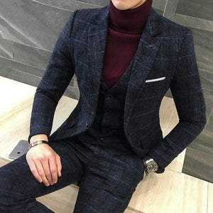 2 Piece Suits Men British Latest Coat Pant Designs Royal Blue Mens Suit Autumn Winter Thick Slim Fit Plaid Wedding Dress Tuxedos