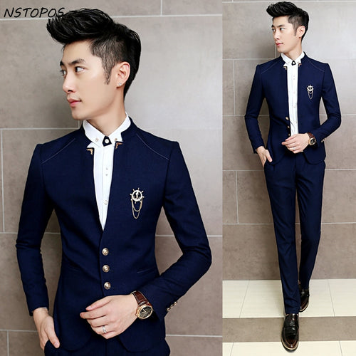 Men Suits Blazer with Pants  Mandarin Collar Tuxedo Slim Fit 3xl Men Suits Bridegroom Costume Homme Mariage  Navy Black Wine Red