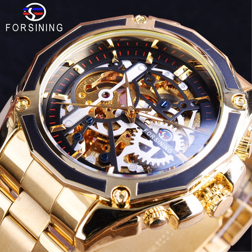 Forsining 2017 New Collection Transparent Case Golden Stainless Steel Skeleton Luxury Design Men Watch Top Brand Automatic Watch