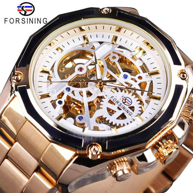 Forsining 2017 New Collection Transparent Case Golden Stainless Steel Skeleton Luxury Design Men Watch Top Brand Automatic Watch