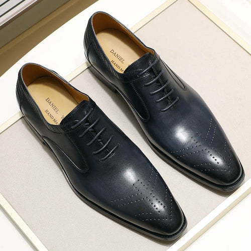 2019 New Genuine Leather Men's Dress Shoes Handmade Office Business Wedding Blue Black Luxury Lace Up Formal Oxfords Mens Shoes