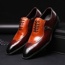 Load image into Gallery viewer, Luxury classic mens brogue oxfords dress shoes genuine cow leather brown pointed toe lace up male formal footwear wedding party