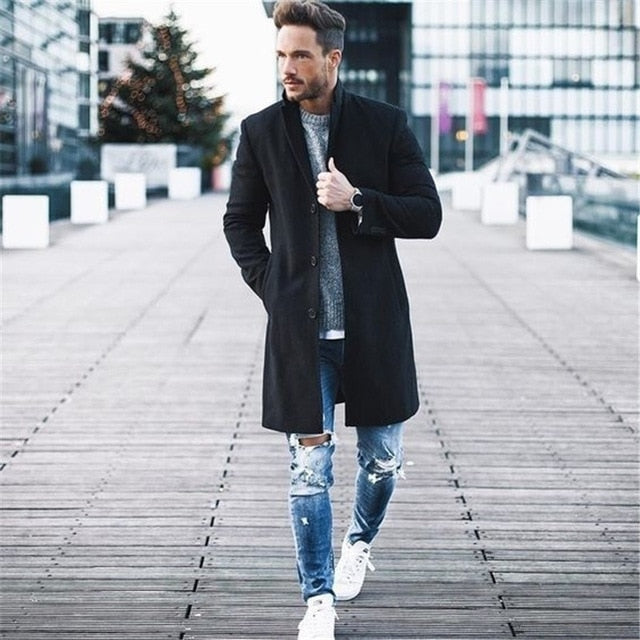 2019 Men Wool Coat Winter Trench Coat Outwear Overcoat Long Sleeve Button Up Jacket  Peacoat Long Overcoat Tops