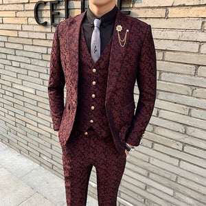 3 Pieces Mens Suit With Pants Teros Wedding Prom Suits for Men Red Blue Floral Jacquard Slim Fit Tuxedo 2019 Garnitur Meski