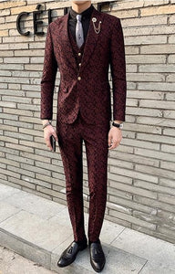 3 Pieces Mens Suit With Pants Teros Wedding Prom Suits for Men Red Blue Floral Jacquard Slim Fit Tuxedo 2019 Garnitur Meski