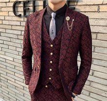 Load image into Gallery viewer, 3 Pieces Mens Suit With Pants Teros Wedding Prom Suits for Men Red Blue Floral Jacquard Slim Fit Tuxedo 2019 Garnitur Meski