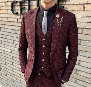 3 Pieces Mens Suit With Pants Teros Wedding Prom Suits for Men Red Blue Floral Jacquard Slim Fit Tuxedo 2019 Garnitur Meski